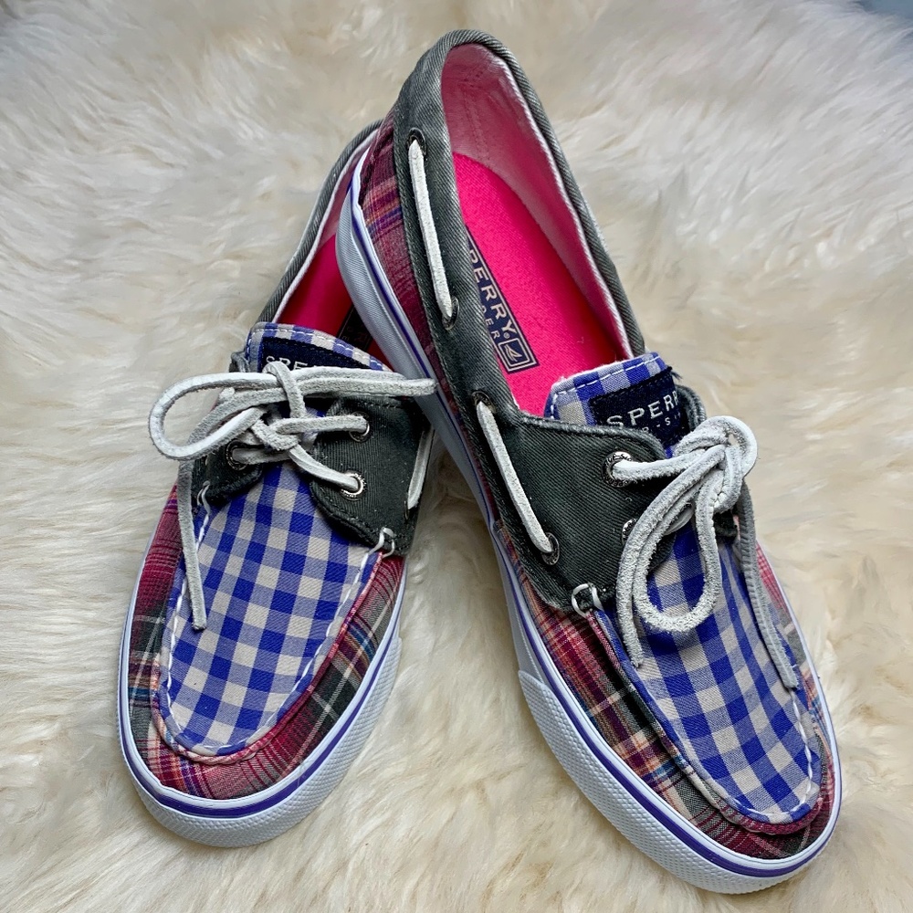 Sperry Top-Sider size 6.5 gray/pink plaid NWOT